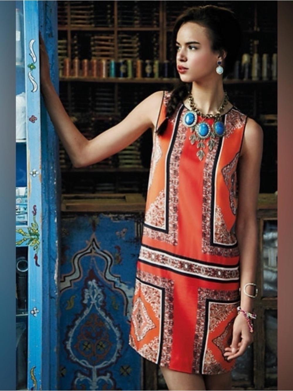 Anthropologie Canna Shift Maeve Orange and Black Sleeveless Dress 100% silk